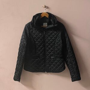 Ci Sono Black Satiny Faux-Fur Neck Quilted Jacket Size M GUC